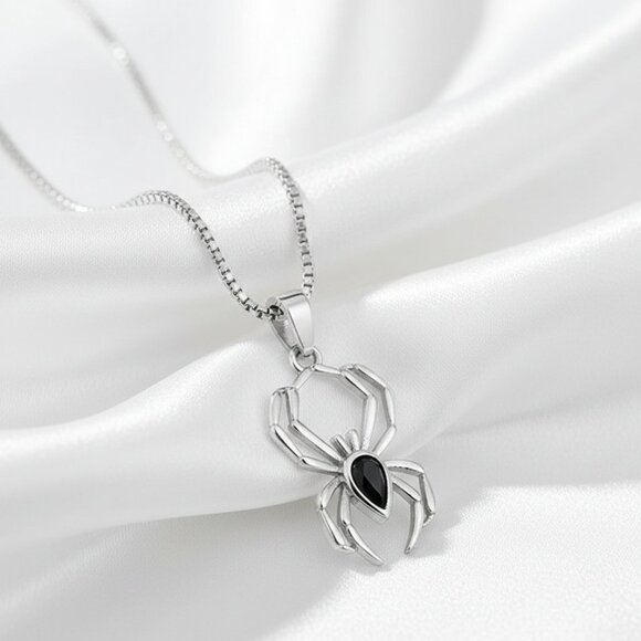 Source Unknown Jewelry - Silver Spider Pendant with Simulated Black Zircon Stone Fashion Necklace NWOT